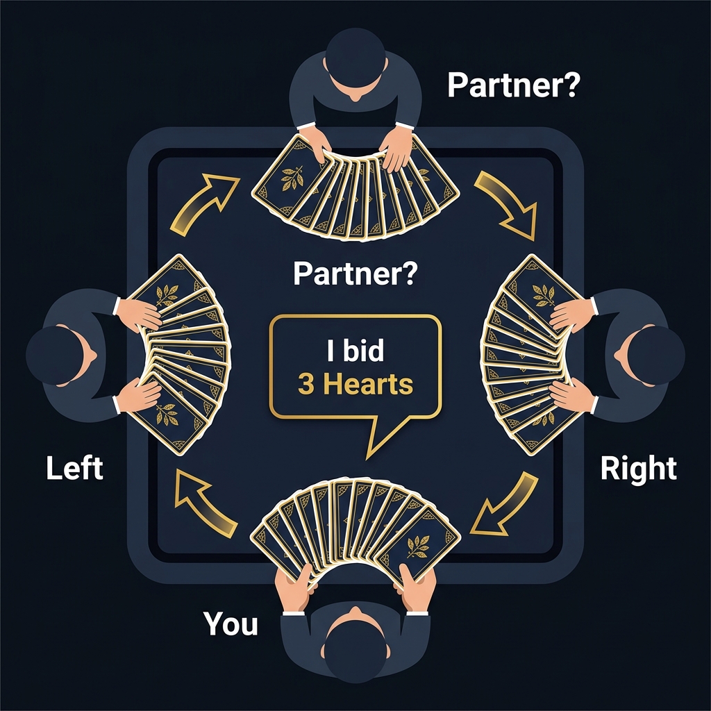 Floating Bridge table layout showing 4 players with cards and bidding