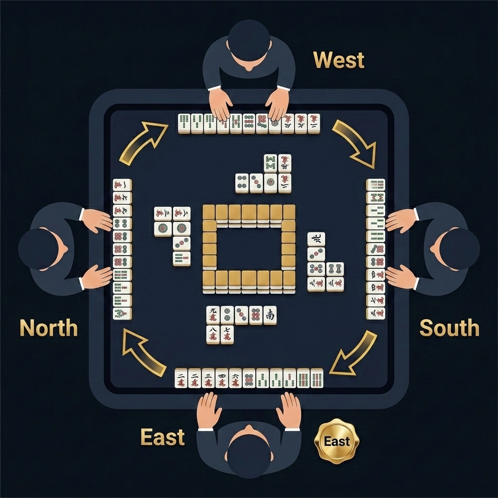 Mahjong table layout showing 4 players with tiles, wall in center, and turn flow